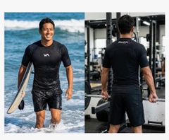 [Next-Day Delivery Available] RVCA Men's Rash Guard, Short Sleeve, Tight Fit, Quick-Drying Swimwear, Surf Brand, for Strength Training, Fitness, Yoga, and Workouts, BF04A-889-BLK