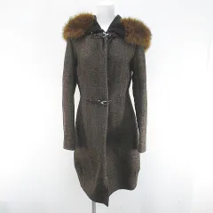 エルマノシェルビーノ ERMANNO SCERVINO ヘリンボーン柄 ロングコート ファー 40 茶系 ブラウン イタリア製 ジップアップ 毛 ウールのサムネイル