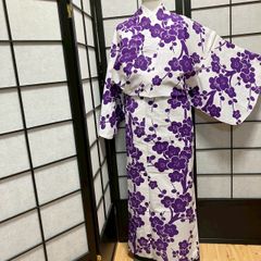 浴衣 木綿 手縫 叩き染め 花文 肩・居敷当て トールサイズ イ6989