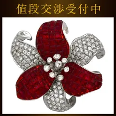 スワロフスキー ブローチ シルバー レッド 銀色 赤 美品 花 クリスタル メタル 中古 SWAROVSKI