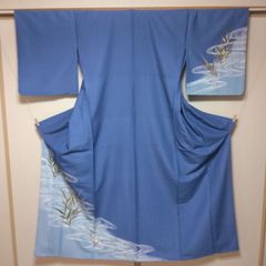 洗える着物 胴抜き袖単衣 絵羽柄【鮮やか青に金彩波頭】高級ポリ 舞台