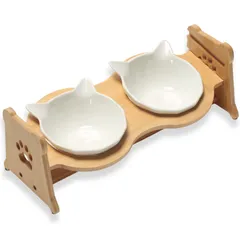 cat mom 組み立て不要 猫 陶器 食器 スタンド付 ダブル 餌入 食べやすい フードボウル 猫用 犬用 高さ調節 傾斜 食器台 餌台 すぐ使える ミルク色（ホワイト） [ミルク（ホワイト）]のサムネイル