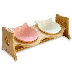 cat mom 組み立て不要 猫 陶器 食器 スタンド付 4色展開 ダブル 餌入 食べやすい フードボウル 猫用 犬用 高さ調節 傾斜 食器台 餌台 すぐ使える いちごミルク（ホワイト＆ピンク） [いちごミルク（ホワイト＆ピンク）]のサムネイル
