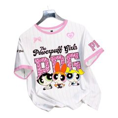 THE POWERPUFF GIRLS 파워 퍼프 걸즈 T셔츠 반소매 화이트 핑크 표범 무늬 버블스 버터 컵 블러섬 연습 착용 댄스 레슨 착용 룸웨어 룸 착용 귀여운 아메코미 캐릭터 헤세이 레트로 선물 해외 제품
