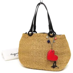 WA26478 美品 agnes b. VOYAGE アニエスベー かごバッグ トートバッグ ラフィア×レザー bロゴ ハートチャーム付き 肩掛け ナチュラル×ブラックのサムネイル
