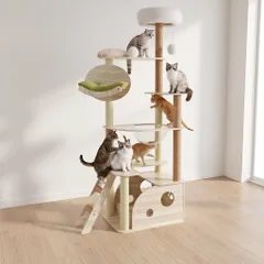 多機能 キャットタワー おしゃれな猫用爪とぎ 家具  窓付きハウス 猫ベッド・透明バスケット・遊び場付き 安定性 木製デザイン 室内猫用 スクラッチ＆リラックス (高さ170cm)のサムネイル