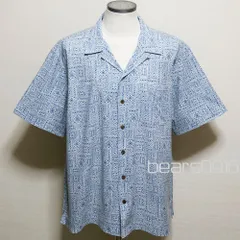 【エルエルビーン】シャツ メンズ L 美品 青白 LLBEAN 90sヴィンテージ バンダナコラージュ 幾何学総柄 天然ウッドボタン オーバーサイズ 半袖 アメリカ古着のサムネイル