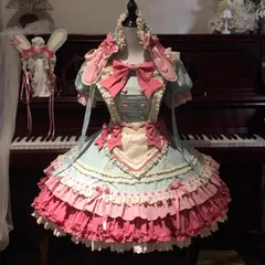 スイートロリータ ケーキスカート OP ピンク水色 重ねフリルレース ハート胸ポケット 地雷系 カワイイ