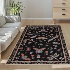 特価商品 HAOCOO カーペット 春夏用 洗える 140х200cm 薄手 ラグ 約1.5畳 モダン ふわふわ 滑り止め 防音 抗菌防臭 室内用 長方形 ラグマット オールシーズン適用 花 蝶 トンボ 昆虫 動物柄 ブラックのサムネイル