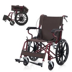 折りたたみ式介助用車椅子 ワインレッド ワインレッド+ブラウン】車椅子 1台2役 自走介助兼用 折りたたみ 自立