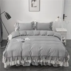 【人気商品】姫系 寝具カバー ベット ピーチスキン加工 布団用 ベッド用 北欧 おしゃれ フリル付き 安心 かわいい 枕カバー 抗菌防臭 洋式 ベッドスカート 洗い替え速乾 掛け布団カバー 3点セット (グレー・フリル シングル 布団カバー シングル・3点セッのサムネイル