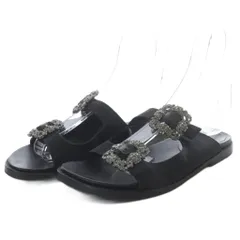 マノロブラニク MANOLO BLAHNIK ハンギシ サンダル サテン フラット クリスタルビジューバックル 36 ブラック /YO35のサムネイル