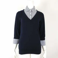 コルザ COLZA シャツ ブラウス ニット カットソー レイヤード ストライプ Vネック コットン ストレッチ 7分袖 S 紺 ネイビー オフ白のサムネイル