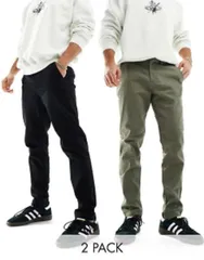ジャック アンド ジョーンズ メンズ ボトムス カジュアルパンツ Jack Jones Intelligence 2 pack slim tapered chino in dusty olive Dusty oliveblack ブラックのサムネイル