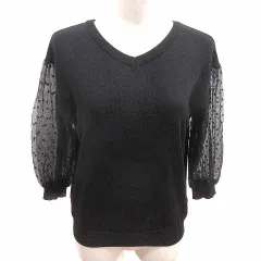 アレッタヴィータ Aletta vita ニット カットソー Vネック 切替 シフォン 刺しゅう ドット 長袖 M 黒 ブラック /YK