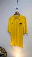 スペイン製　ユーロ古着　ヨーロッパ古着　Adidas　ヨーロッパ製adidas （アディダス）ナイロン　ストライプ　mens M-Lサイズ程度　イエロー　黄色　adidas  DSR サッカー トレフォイル　三つ葉　アディダス