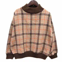 ダブルクローゼット w closet ニット セーター ハイネック チェック 長袖 M ベージュ 茶 ブラウン /YKのサムネイル
