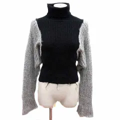 エモダ EMODA ニット カットソー ショート丈 タートルネック ダメージ加工 切替 セーター 長袖 F 黒 ブラック グレー /YKのサムネイル