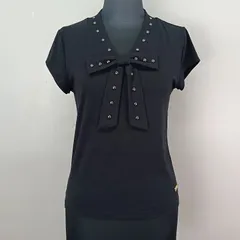 nanette lepore ナネットレポー リボン付きカットソー ロゴプレート スタッズ フレンチ袖 ブラック Mサイズ Tシャツ 日本製 【0931】のサムネイル