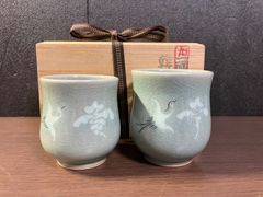東國窯 方赫山 方澈柱 高麗青磁 韓国陶芸 鶴 ペア 夫婦湯呑み 茶道具