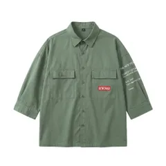 ミリタリーシャツ カーキ オーバーサイズ ロゴプリント XL 古着 MILITARY風のサムネイル