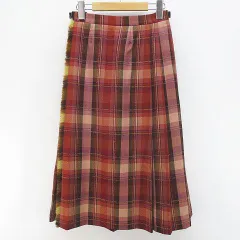 アクアスキュータム AQUASCUTUM チェック柄 台形 ラップスカート ロング丈 赤系 ボルドー フリンジ プリーツ 牛革ベルトのサムネイル