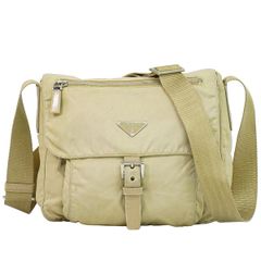 PRADA ショルダーバッグ ベージュ レザーベルト テスートナイロン 三角 