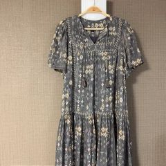 TSUHARU ジャカード柄パッチワークフリルワンピース サックスブルー M