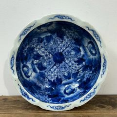 古伊万里 輪花 なます皿 葉唐草模様 染付 魚文 鉢 金彩縁 輪花鉢