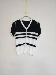 ストライプ Vネック 半袖 カーディガン風 ニットTシャツのサムネイル