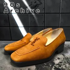 90s YVES SAINT LAURENT VINTAGE Archive イヴサンローラン オールド ヴィンテージ ヌバック レザー スクエアトゥ YSL ロゴ ヒール ローファー パンプス シューズ 靴 茶 ブラウン レディース 23cmサイズ相当のサムネイル