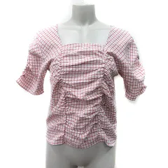 N.Natural Beauty Basic N.ナチュラルビューティーベーシック シャツ ブラウス スクエアネック シャーリング チェック 半袖 M 赤 レッド 白 ホワイト /YI