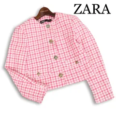 ZARA ザラ 通年★ ツイード チェック柄 ショート ノーカラー ジャケット Sz.XS レディース