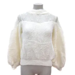 ヘザー Heather ニット セーター レース 長袖 シャギー 切替 F 白 アイボリー /MN