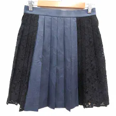 ランバンオンブルー LANVIN en Bleu プリーツスカート ミニ フェイクレザー レース 38 M 紺 ネイビー 黒 ブラック /YKのサムネイル