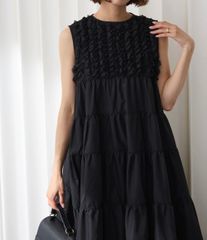 立体プリーツ バルーンワンピース 黒 ノースリーブ ゆったり 立体 