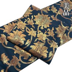 6069◇アンティーク丸帯ロイヤルブルーに金波宝尽くし松時代物全通織物 