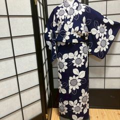 手縫い 蜘蛛絞り レトロ 紺色 花柄 夏着物 アンティーク 大人浴衣 有松