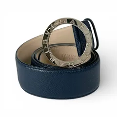 美品▲BVLGARI ブルガリ 39546 ブルガリ ブルガリ マン サークルロゴバックル レザー ベルト ネイビー シルバー金具 44 イタリア製 メンズのサムネイル