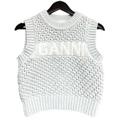 美品 25SS GANNI ガニー Textured Cotton Pointelle Vest ロゴ ニットベスト K2348 Sサイズ ライトブルー レディース 古着 中古 USEDのサムネイル