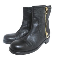 미품 JIMMY CHOO 지미츄 지퍼 디자인 가죽 앵클 부츠 쇼트 부츠 사이즈 35 22cm 상당 블랙 골드 쇠장식 여성 헌 옷 중고 USED
