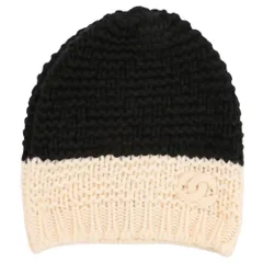 美品 CHANEL シャネル ココマーク バイカラーカシミヤニットキャップ ビーニー ブラック ホワイト レディース 古着 中古 USEDのサムネイル