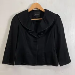 LANVIN COLLECTION ランバン コレクション ジャケット 襟 フリル 短丈 クロップド 七分袖 肩パッド フォーマル ストライプ 薄手 日本製 コットン ブラック系 38 F146のサムネイル