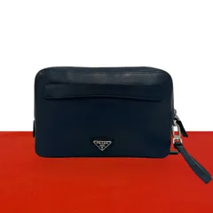 極 美品 PRADA プラダ 三角ロゴ 金具 サフィアーノ レザー 本革 クラッチバッグ セカンドバッグ ポーチ メンズ ネイビー 紺 07721のサムネイル