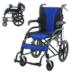 【6月限定特価】車椅子 介助型 軽量12kg 折りたたみ コンパクト ノーパンクタイヤ ダブルブレーキ 自立可能 安全ベルト付き 背面ポケット付き 跳ね上げ式アームレスト 介護用 車いす 福祉用具 外出 通院 介助用 BLUEのサムネイル
