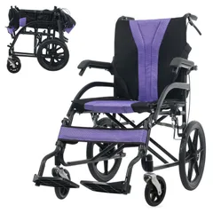 【6月限定特価】車椅子 介助型 軽量12kg 折りたたみ コンパクト ノーパンクタイヤ ダブルブレーキ 自立可能 安全ベルト付き 背面ポケット付き 跳ね上げ式アームレスト 介護用 車いす 福祉用具 外出 通院 介助用 PURPLEのサムネイル