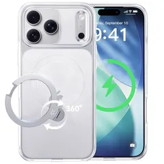 【透き通る上質感・定点360°回転】CASEKOO iPhone 17 Pro 用ケース クリア 耐黄変 横縦両立 角度自在 MagSafe対応 米軍規格保護 耐衝撃 最大25W急速充電対応 フィット感 ラップホール付き 透明 いphone17pro 用ケ 0