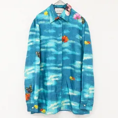 GUCCI グッチ シャツ シルク100% フラワー 花柄 バタフライ 蝶々 総柄 パールボタン 長袖 シルク ブルー イタリア製 レディース 40 b01694のサムネイル