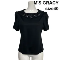 □ エムズグレイシー M'S GRACY 半袖カットソー Tシャツ ラウンドネック 襟元装飾 パフスリーブ 黒 綿混 40 L 11号 レディース S6F165のサムネイル