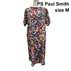 □ PSポールスミス Paul Smith ワンピース ボートネック 半袖 ひざ丈 マルチドット柄 背面無地 黒 マルチカラー M M 9号 レディース Z6C515のサムネイル